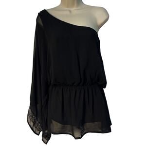 Black One Shoulder Long Sheer Split Sleeve Cinch Waist Blouse Embellished Cuff